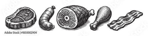 A detailed black and white ink sketch showcases a collection of various meat cuts, including a steak, sausage, ham, chicken leg, and bacon, rendered in a classic etching style.