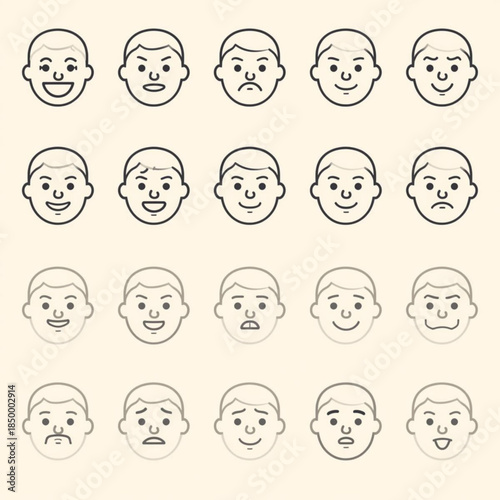 Collection of Simple Face Icons with Diverse Emotions