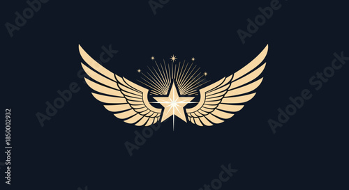 Elegant golden star emblem with majestic spread wings and radiant sunburst rays against a dark navy blue background.