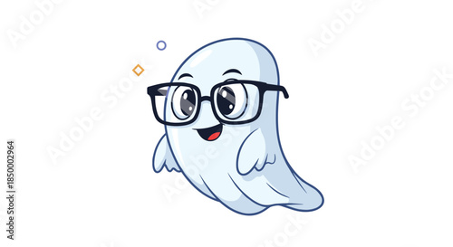 Friendly little white ghost wearing black frame glasses and a happy expression in a cute cartoon illustration style.