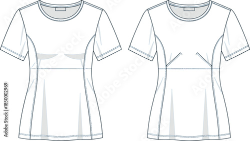 Fitted top sketch, bust darts, seam shaping, fashion flat, garment design, clothing template, apparel illustration, vector outline, contour detail, pattern layout