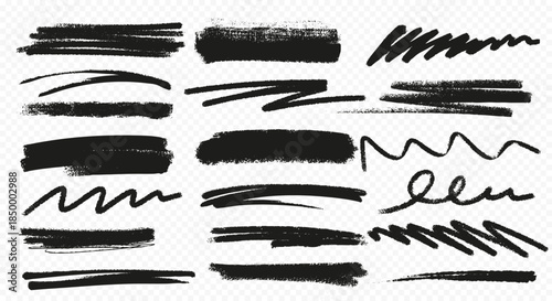 Rough scribble strokes. Charcoal doodle lines, wavy brush marks, pencil strokes, and textured marker strokes isolated on transparent background