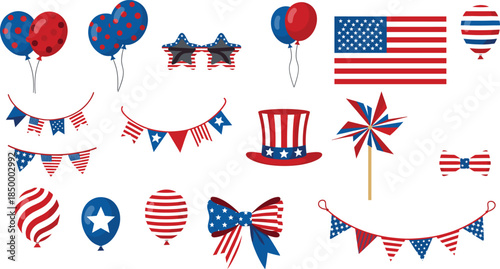 Set of American patriotic party decorations including balloons buntings pinwheels and Uncle Sam top hat with stars and stripes isolated on white background flat vector illustration