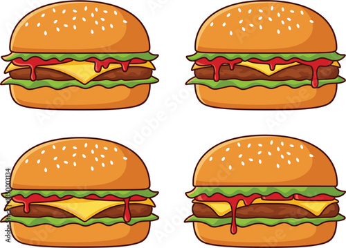 Set of delicious cheeseburgers with juicy beef patties melted cheese fresh lettuce and tomato on sesame seed buns isolated on white background flat vector illustration