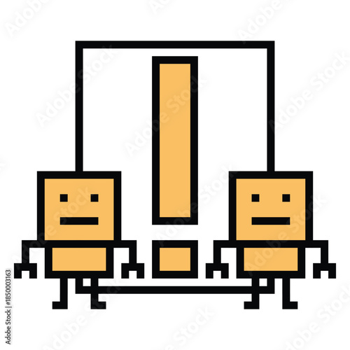 Cartoon humanoid robot exclamation mark toy robotic engineer bot machine business vector character automation electronic game background 8bit artificial intelligence pixel art.