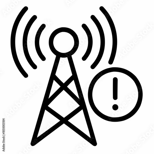 Line icon of a radio tower with alert signal, black on white, square minimalist style