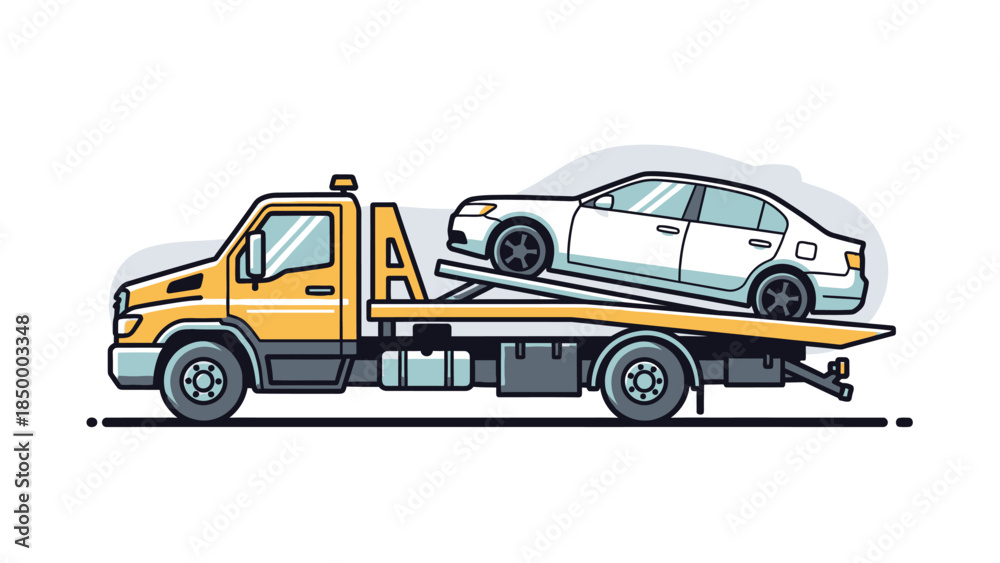 Fototapeta premium Flatbed Tow Truck Transporting a White Sedan Car.