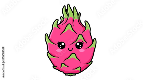 Cute Kawaii Dragon Fruit Character with Big Eyes and Green Spikes.