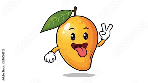 Cute Mango Character Showing Peace Sign and Sticking Tongue Out.