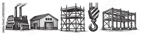 A vintage black and white illustration depicts industrial buildings, scaffolding, and a crane hook, evoking a sense of industry and construction progress.