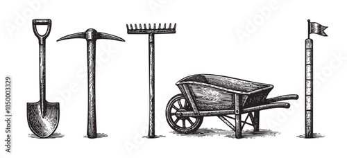 A black and white woodcut illustration depicts a vintage collection of gardening tools including a shovel, pickaxe, rake, wheelbarrow, and measuring post with a flag.