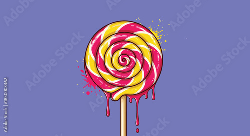 Swirly yellow and pink lollipop on a stick features vibrant candy colors and artistic dripping paint on purple backdrop.