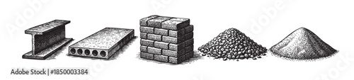 A vintage illustration showcases five distinct construction materials arranged side-by-side on a white background: an I-beam, concrete blocks, bricks, gravel, and sand.
