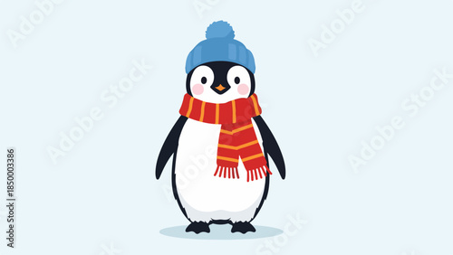 Whimsical illustration of a penguin wearing a blue knitted hat and red scarf with yellow stripes