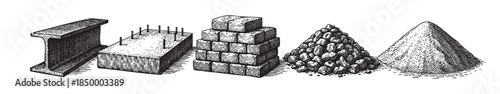 A vintage line art illustration displays a progression of construction materials from left to right: an I-beam, concrete foundation with rebar, stacked bricks, a pile of gravel, and a mound of sand.