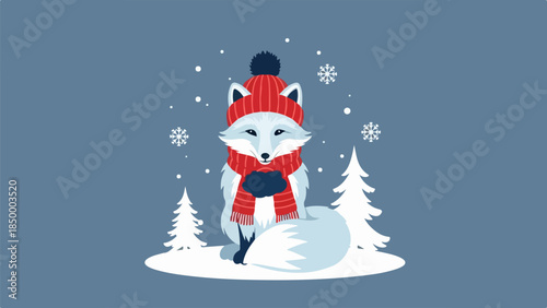 Arctic fox wearing red hat scarf and mittens in winter scene vector illustration