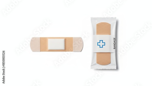 Medical adhesive bandage with packaging and unwrapped plaster isolated on white background for healthcare concept