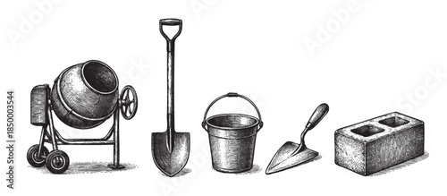 A detailed black and white illustration depicts construction tools including a cement mixer, shovel, bucket, trowel, and brick, presented in a retro sketch style for design projects.