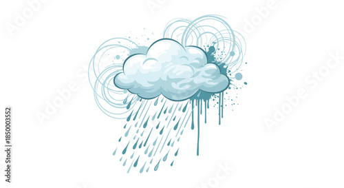 Stylized blue rain cloud illustration with falling water drops and artistic circular swirl patterns on white space.