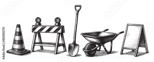 A detailed, black and white woodcut illustration depicts a collection of construction equipment including a traffic cone, barrier, shovel, wheelbarrow, and A-frame sign on a white background.