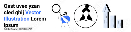 Business strategy, team insights, personal profiles, growth trends, data analysis, professional review. Male figure with magnifying glass, female icon economic graph. Business strategy and team