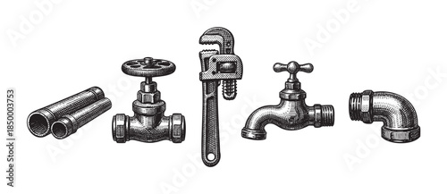 Black and white illustration featuring a collection of vintage plumbing tools and fixtures, including pipes, valves, a pipe wrench, and faucets, rendered in a detailed engraving style.
