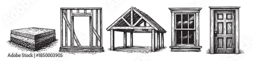 Black and white engraving style illustration showcasing various vintage architectural elements and building components, including a foundation, wall framing, roof structure, window, and door.