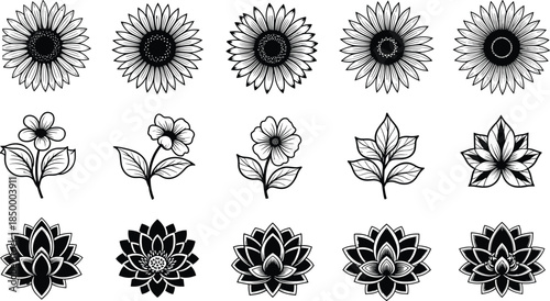Floral silhouette set, sunflower, lotus, hibiscus, leaf elements, petal diversity, black and white art, elegant motif, tattoo design