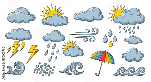 Comprehensive set of weather icons features clouds and sun alongside rain drops and lightning bolts for meteorology.