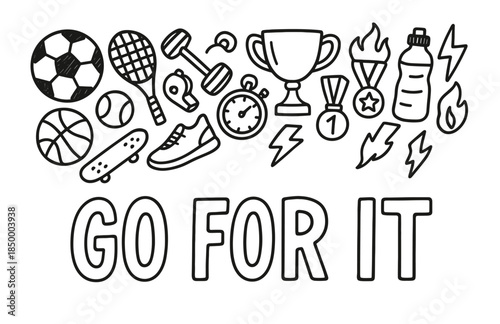 Doodle icons featuring sports gear and motivational quote 'go for it'