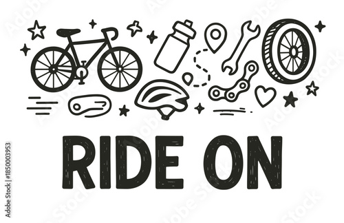 Cycling enthusiast icons: bicycle, gear, and accessories sketch with 'ride on' message