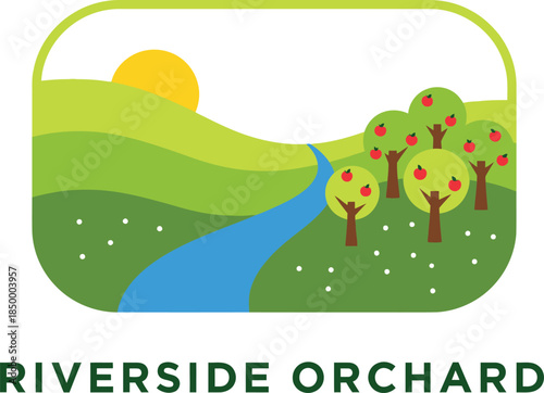 Riverside Orchard Logo with River, Sun, and Apple Trees  Vector Illustration