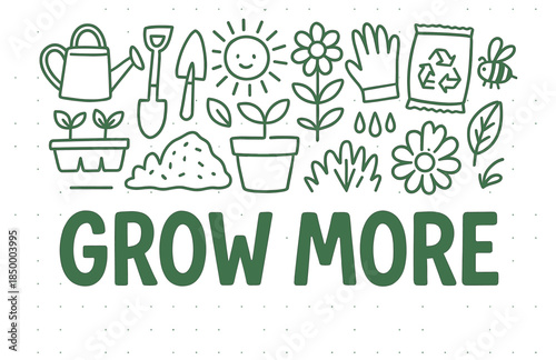 Gardening icons and motivation: grow more with tools, plants, and eco-friendly practices