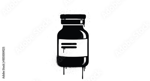 Gritty graffiti style medicine bottle or chemical jar appears in black and white with dramatic dripping paint details.
