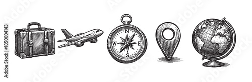 A vintage sketch illustrates travel essentials including a suitcase, airplane, compass, location pin, and globe, evoking a sense of adventure and global exploration.