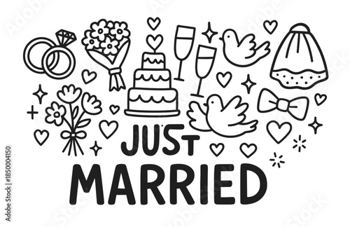 Just married celebration icons: cake, rings, doves, bouquets, heart motifs