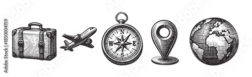 A collection of classic travel icons in a black and white sketch style, including an airplane, suitcase, compass, globe, and map pin, perfect for concepts of adventure and exploration.