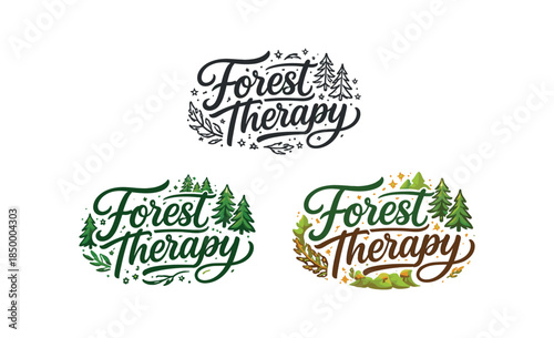 lettering three text only designs with phrase forest therapy