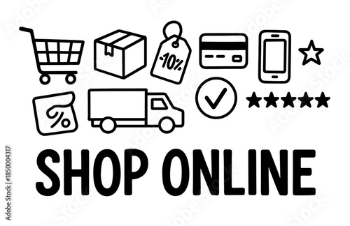 Online shopping icons: cart, package, discount, truck, card, mobile, ratings