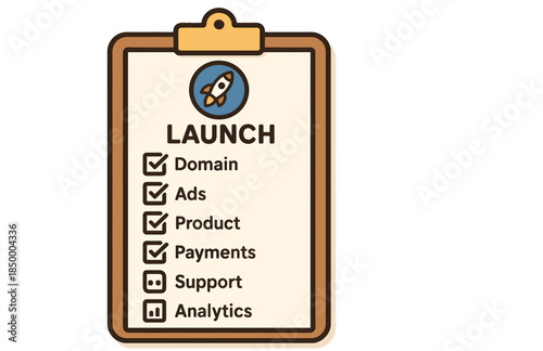Launch checklist illustration: rocket, domain, ads, product, payments, support, analytics