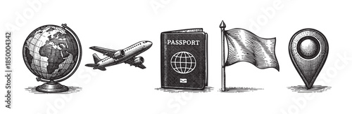 Collection of hand-drawn vintage travel icons including a globe, airplane, passport, flag, and map pin, perfect for illustrating journeys and global exploration.