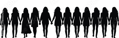 Silhouette of multiple women walking in a line