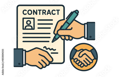 Hand signing contract document with handshake symbolizing agreement