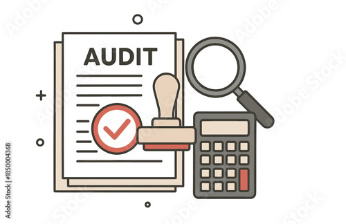 Financial audit concept: documents, calculator, stamp, magnifying glass