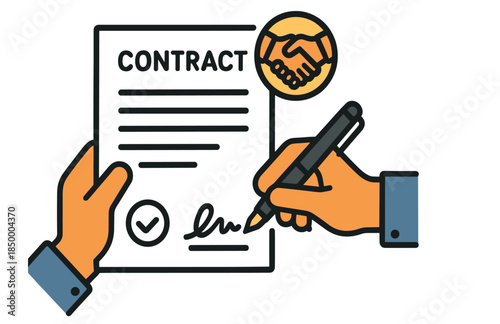 Illustrated contract signing with handshake symbol