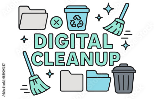 Digital cleanup concept with brooms, folders, and trash icons
