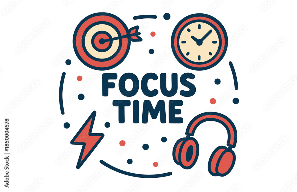 Obraz premium Focus time concept with target clock lightning bolt and headphones