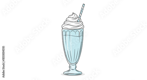 Hand drawn sketch of a delicious milkshake in a tall glass comes topped with whipped cream and a striped drinking straw.