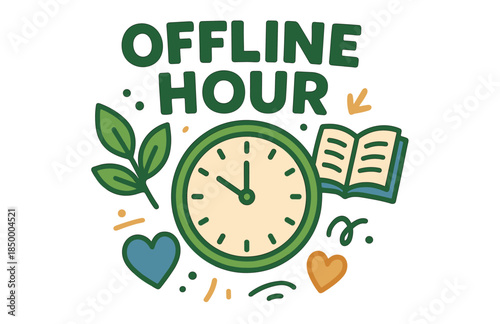Offline hour concept with clock, book, leaves, and hearts illustration