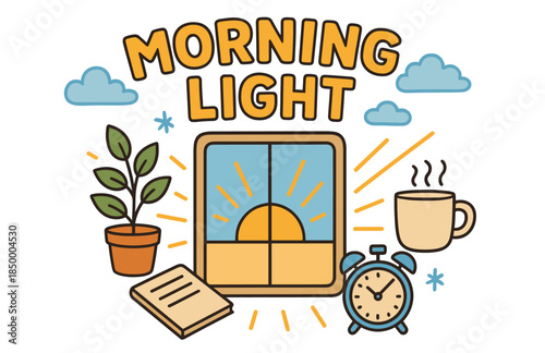 Morning light illustration with coffee, sunrise, and alarm clock